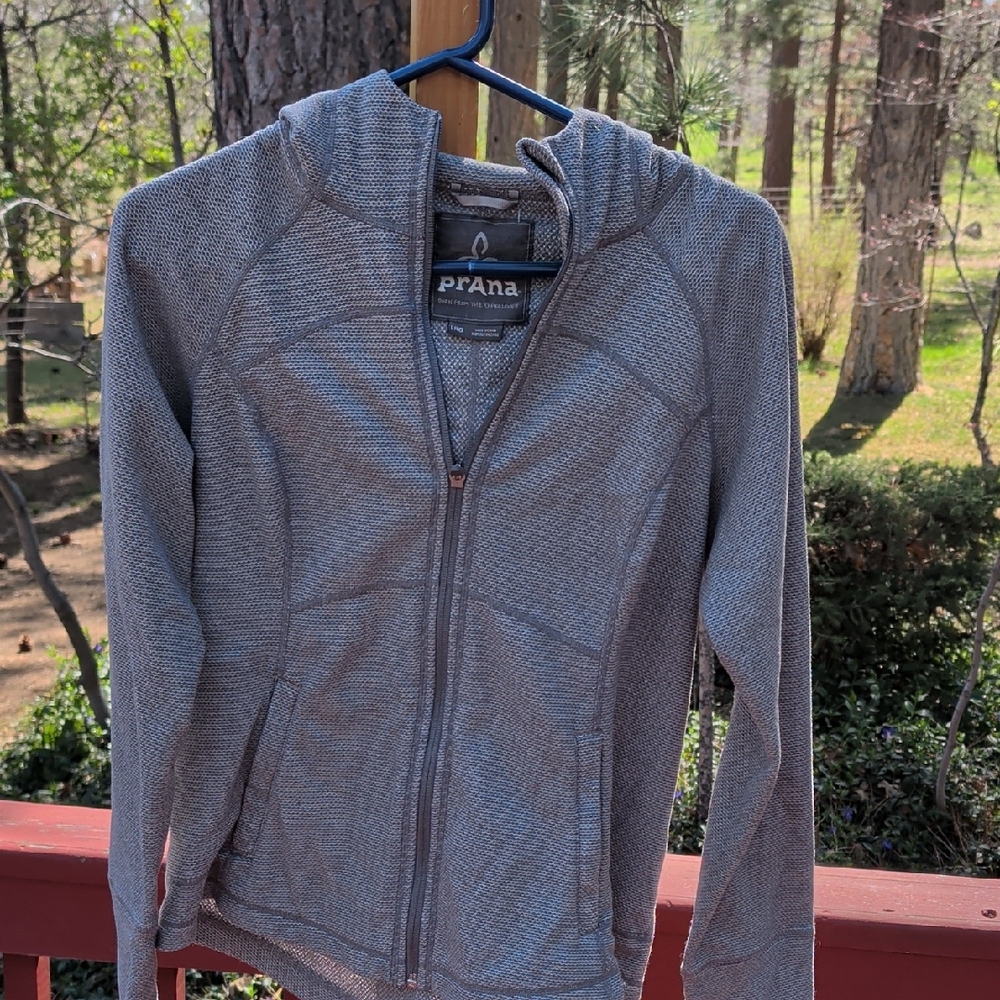 Prana Gray Logo Tag Hoodie with Blue Accent